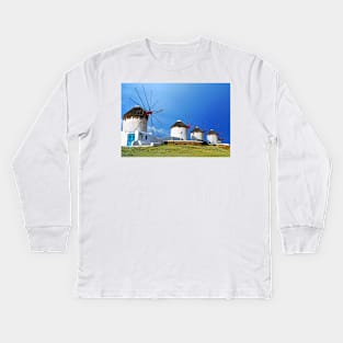 Kato Mili are iconic windmill of the Greek island of the Mykonos, Cyclades Islands. Kids Long Sleeve T-Shirt